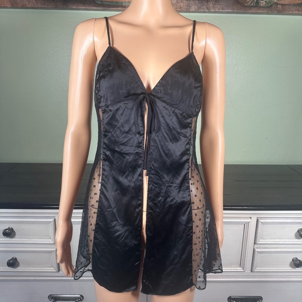 Victoria's Secret Black Satin Sheer Mesh Babydoll Chemise Lingerie 100% Silk